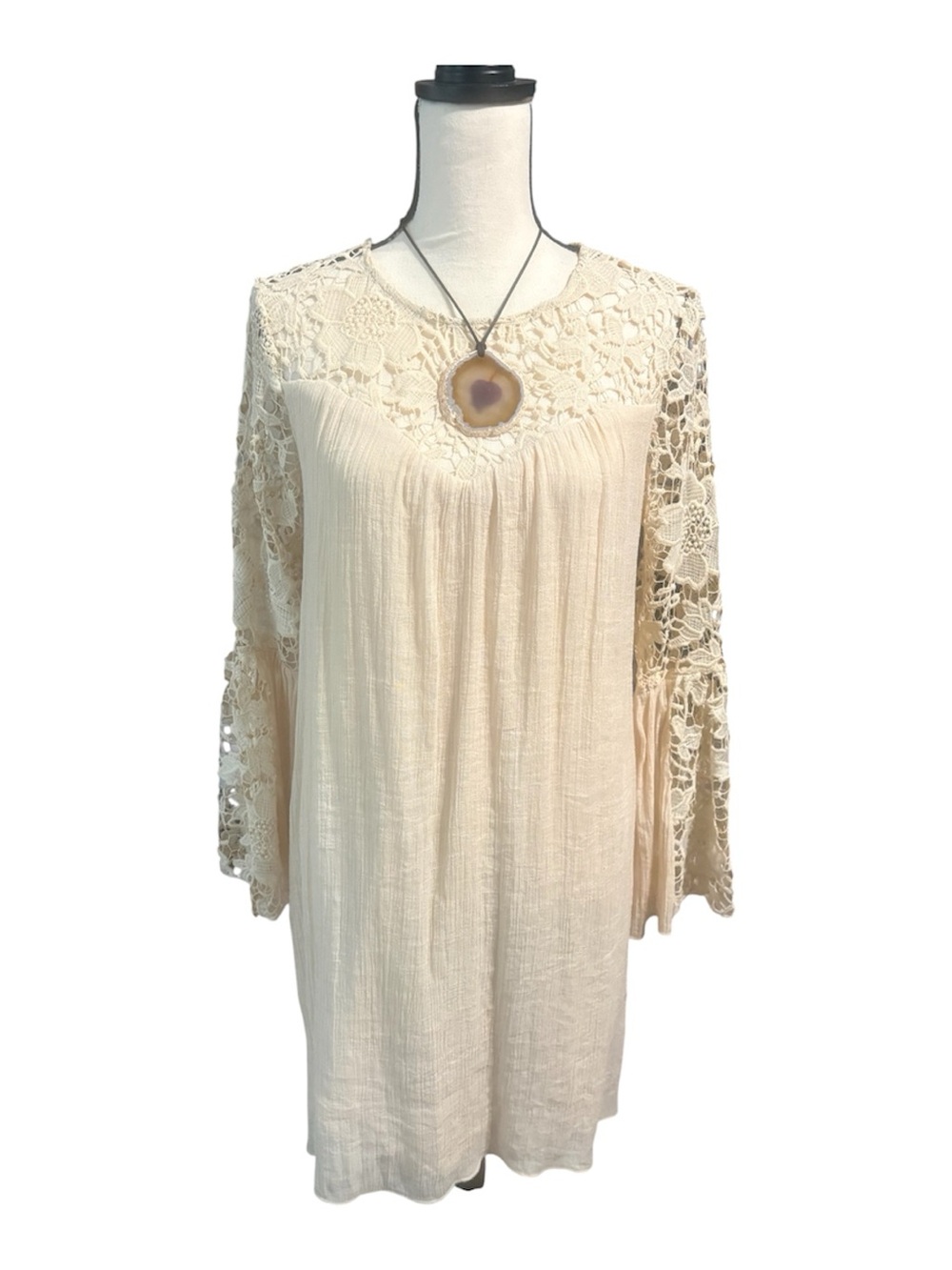 Cream Boho dress lace accents with butterfly sleeves